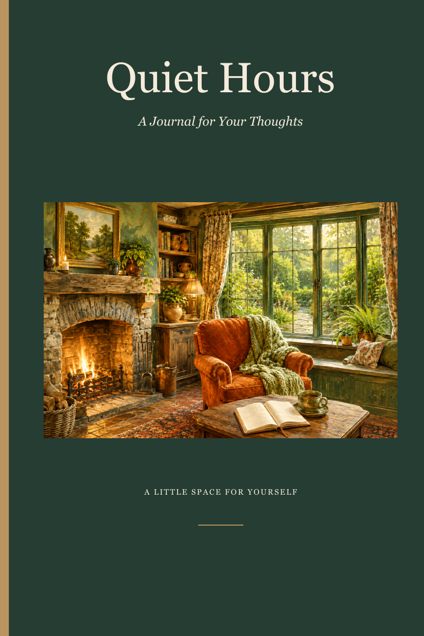 Quiet Hours illustrated cover: a fireside chair beside a garden window