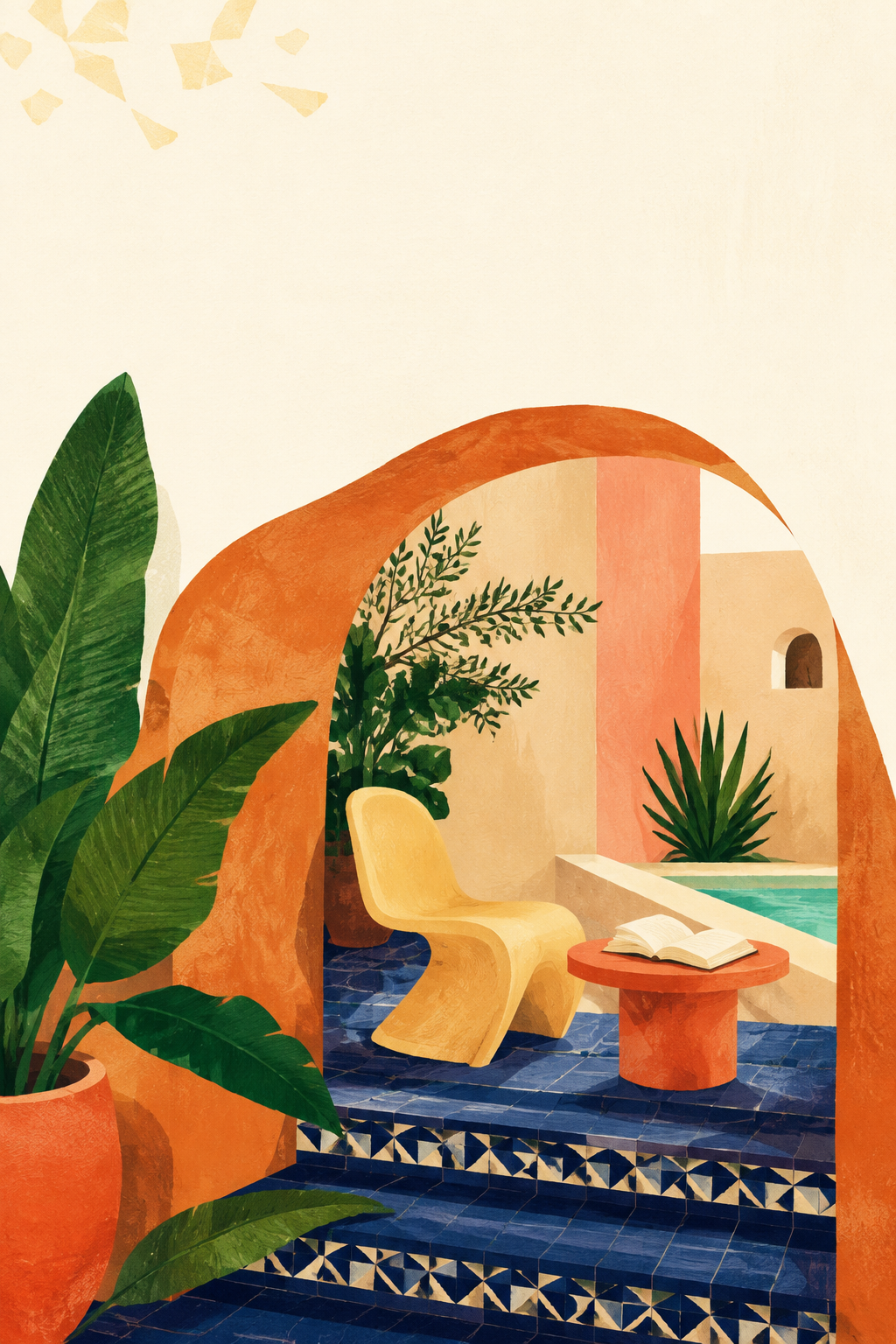 A warm courtyard illustration for The Courtyard Collection